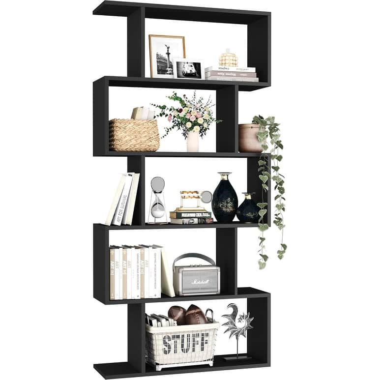 S-Shaped Bookshelf, Black Geometric Bookcase for Home & Office - Black/5 Tier