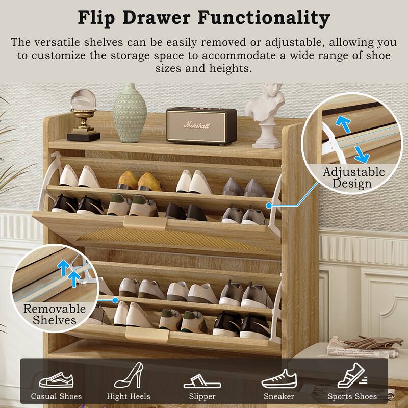 Rattan Shoe Storage Cabinet, Multi-functional Shoe Organizer, Narrow Shoe Rack with 2 Flip Drawers, 1 Storage Drawer & 1 Bench