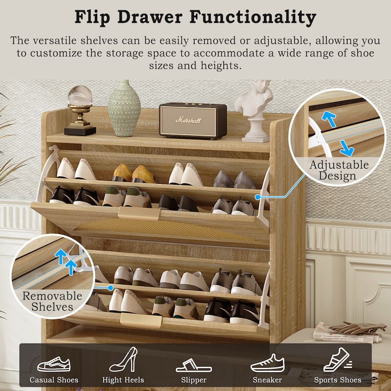Wood Flip-Drawer Storage Shoes Bench Entryway Shoe Storage