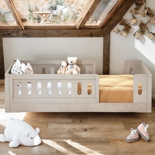 Twin Size Platform Bed with Guardrail and Semi-enclosed Fence