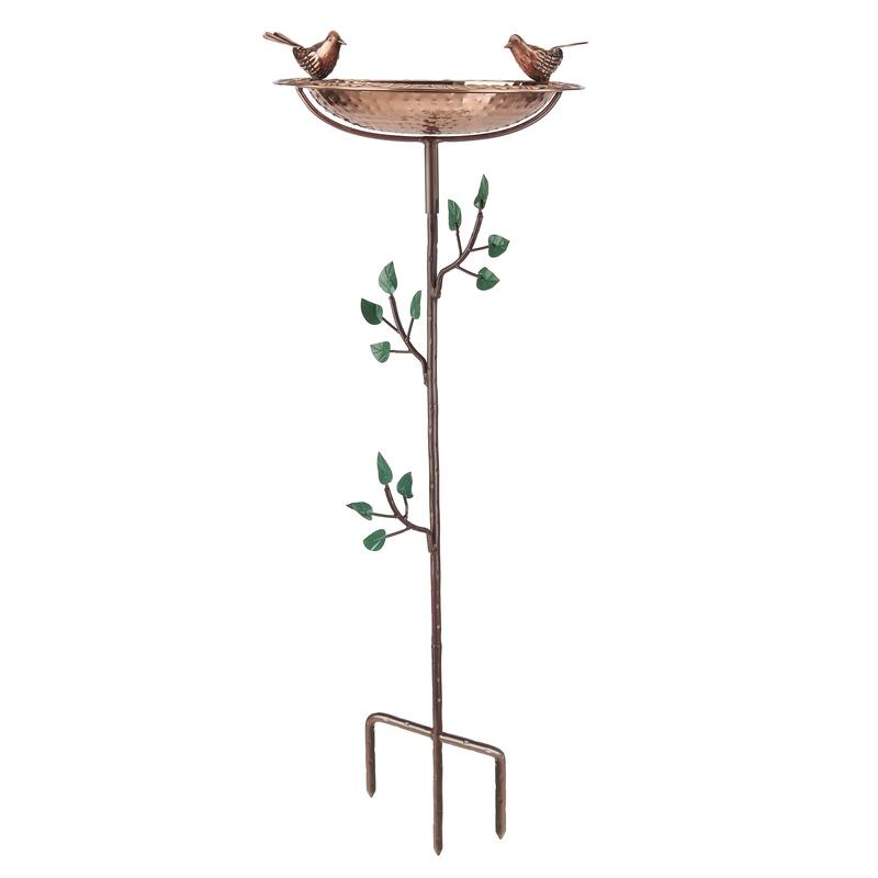 Pure Copper Bird Bath, Featuring Two Copper Birds, and a Tree Themed Multipronged Garden Pole By Good Directions