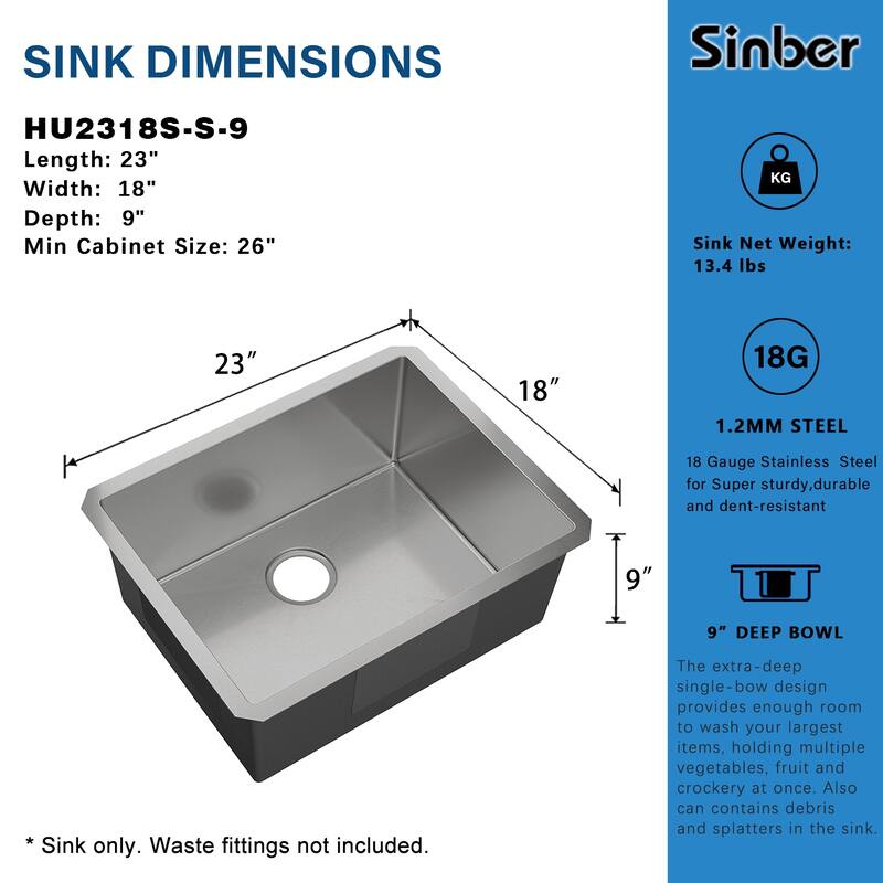 Sinber Undermount Single Bowl 304 Stainless Steel Kitchen Sink