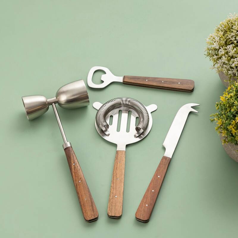 Set of 4 Stainless Steel & Wood Handle Bar Set