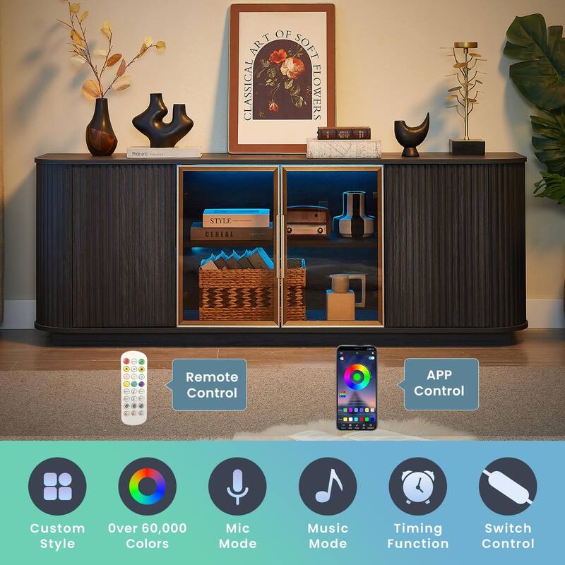 64" Wavy Wood TV Stand with Glass Doors, Modern Sideboard with Aluminum Frame, Media Console Table for Entryway, Living Room