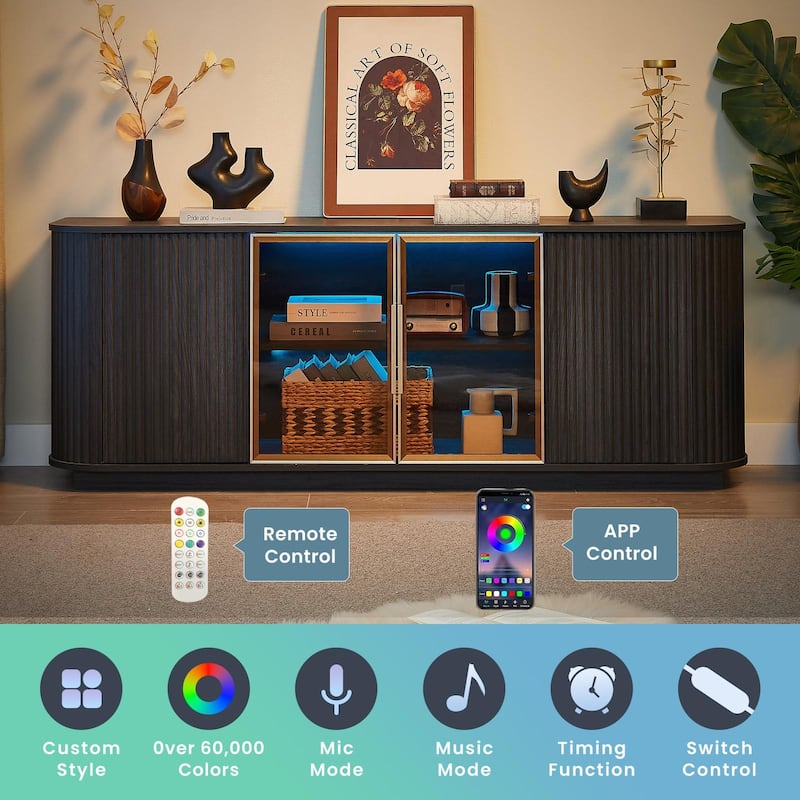 Anmytek 64 Inch Wavy Wooden TV Cabinet Black Aluminum Frame Tempered Glass Door Storage Sideboard