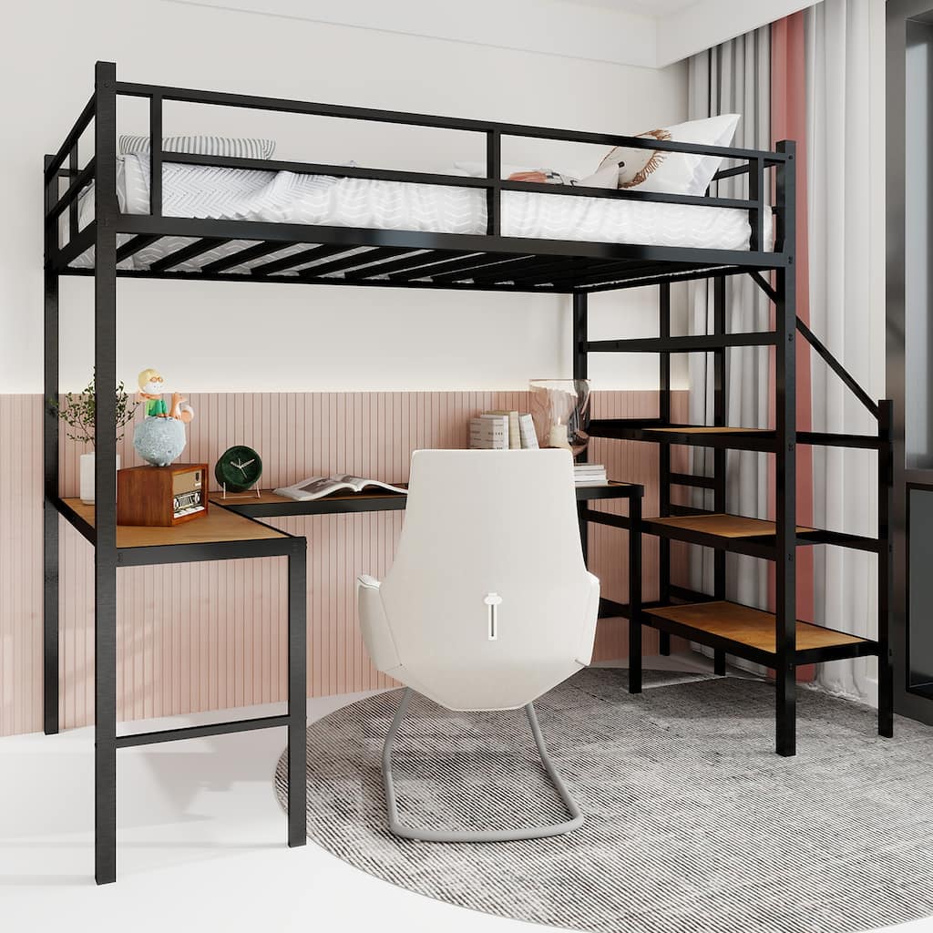 Iron Loft Bed with L Shaped Desk and Storage Stairs, Heavy Duty Metal Slat, Noise Free, Twin Size High Loftbed Frame