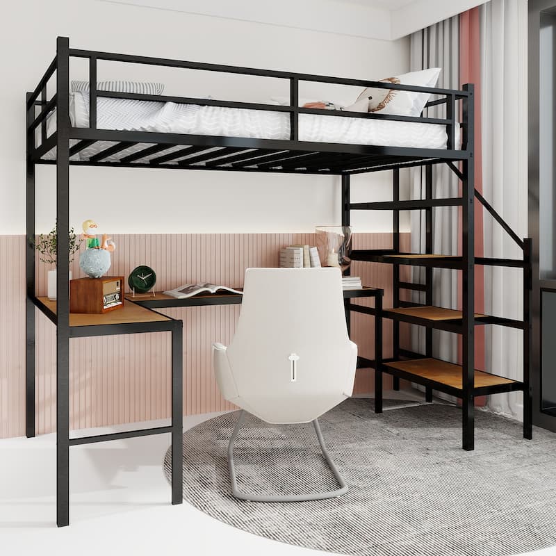 Twin Size Loft Bed Frame with L-Shaped Desk, Large Storage Space and Storage Shelves Stairs