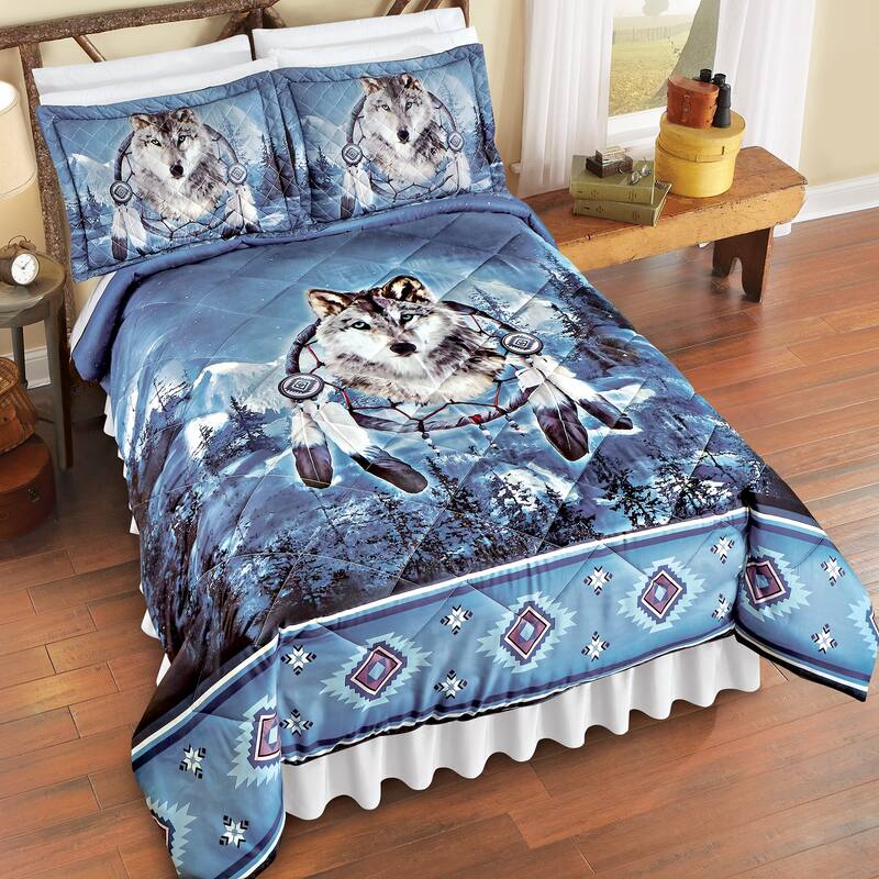 Wolf Dreamcatcher Aztec Border Comforter Set - Full