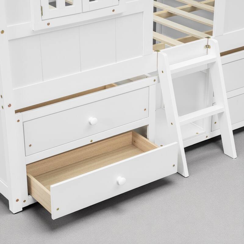Full House-Themed Loft Bed with Ladder, Roof, Windows, Safety Rails and Storage Drawers for Kids