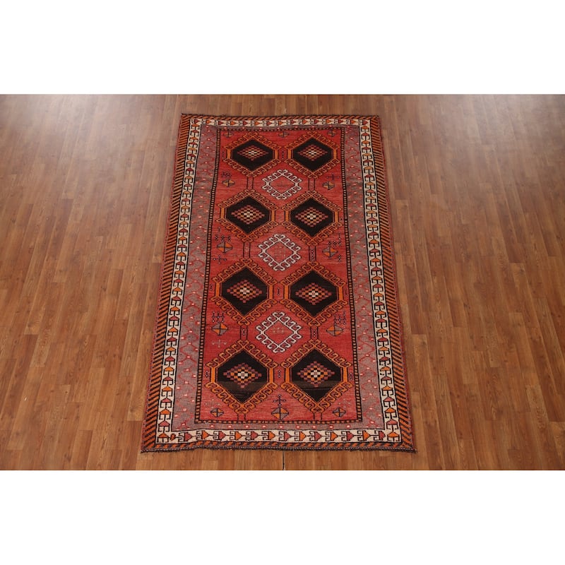 Geometric Orange Shiraz Persian Vintage Rug Hand-knotted Wool Carpet - 4'11"x 7'11"