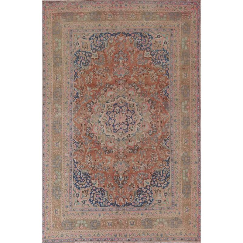 Hand Knotted Oriental 100% Wool Carpet Traditional Floral Oranges & Rust Mashad Area Rug - 9' 5'' X 6' 5''