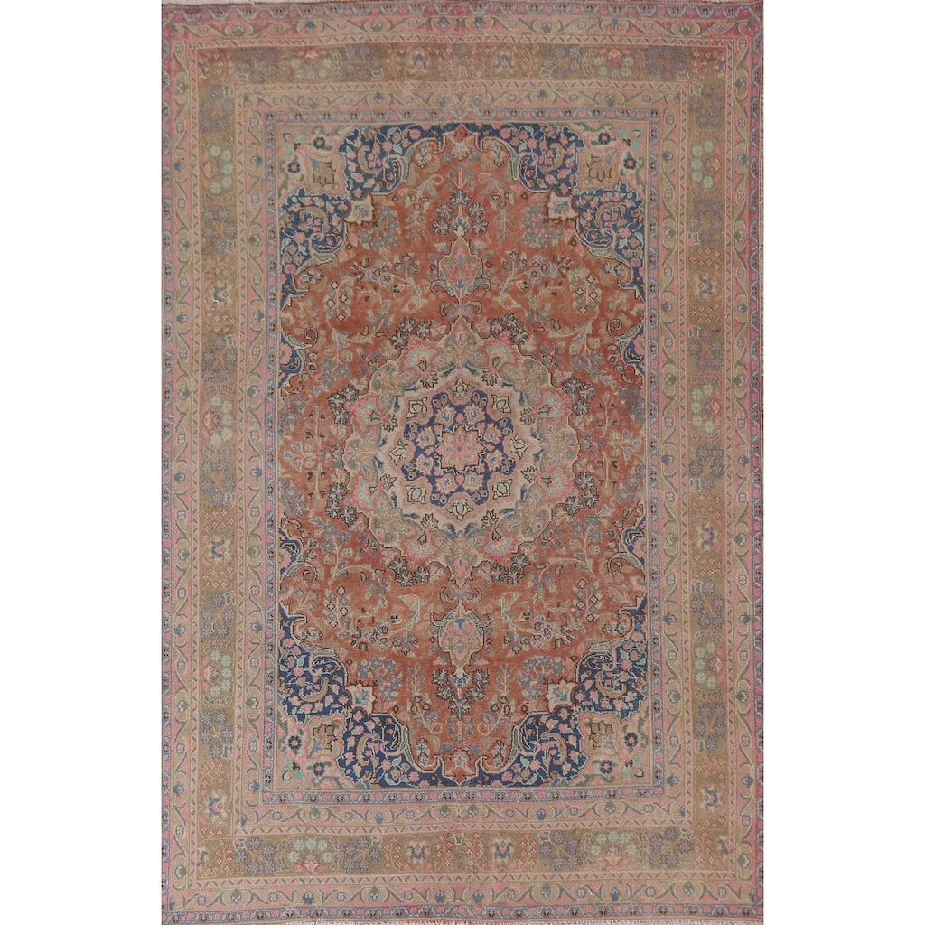 Hand Knotted Oriental 100% Wool Carpet Traditional Floral Oranges & Rust Mashad Area Rug - 9' 5'' X 6' 5''