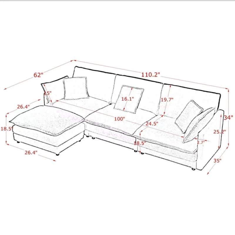 Roomfitters Modular L-Shaped Sectional Sofa with Ottoman, Plush Towel Fabric 4-Seater