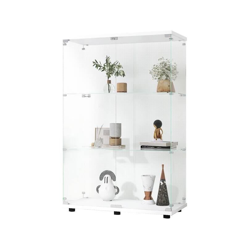 One-Door Glass Display Cabinet with 3 Shelves, Floor Standing Curio Bookshelf with Tempered Glass for Living Room Bedroom Office