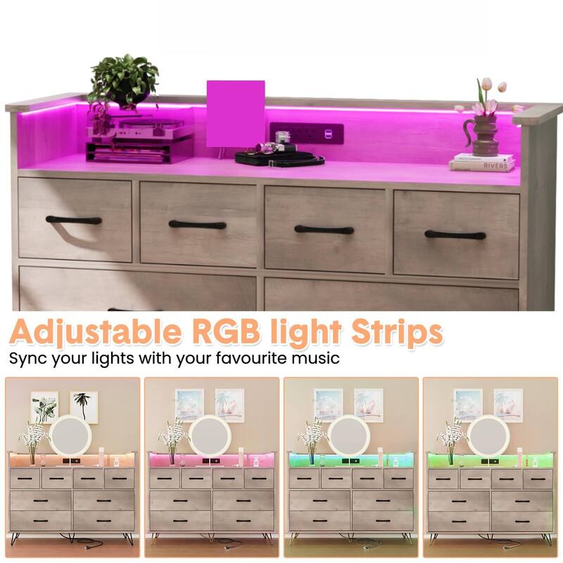 8 Drawer Wood Dresser, with Power Outlet and LED Lights