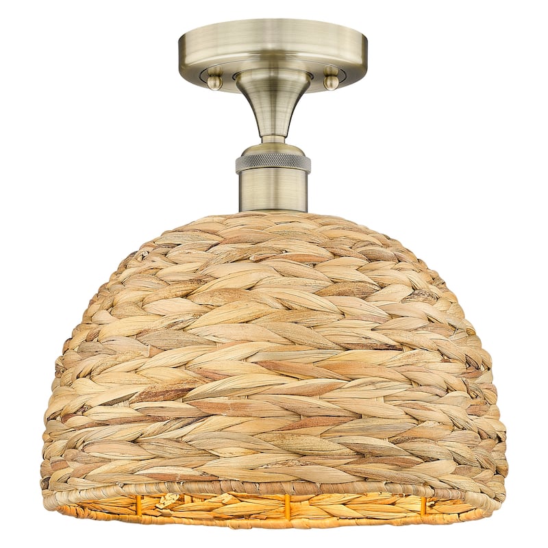 Innovations Lighting 616-1F-11-12 Woven Rattan Semi-Flush Woven Rattan - Antique Brass / Natural