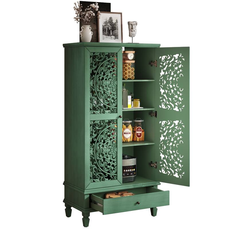 Carved Accent Cabinet Kitchen Pantry Cabinet with Doors, 55" Tall Storage Cabinet with Solid Wood Legs