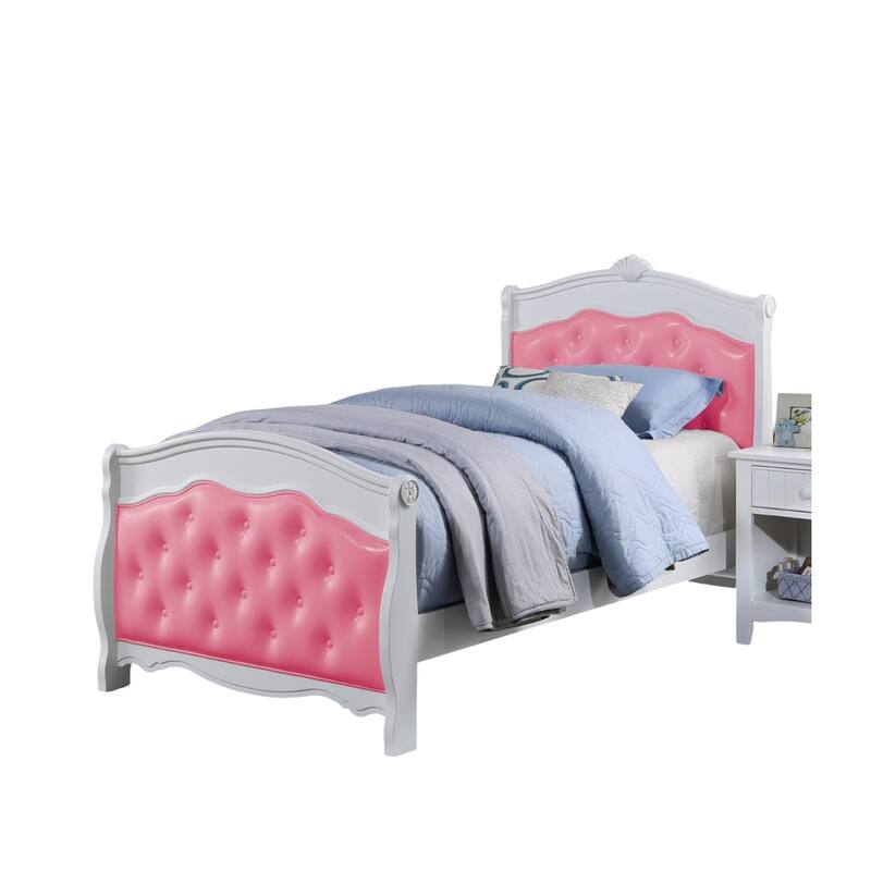 White Full Size Bed Youth Bedroom Furniture Pink Faux Leather Headboard Footboard Plywood 1pc Bedframe