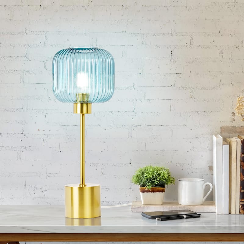 Rowan River of Goods 21.25-Inch Brushed Gold Metal Table Lamp with Glass Shade - Blue