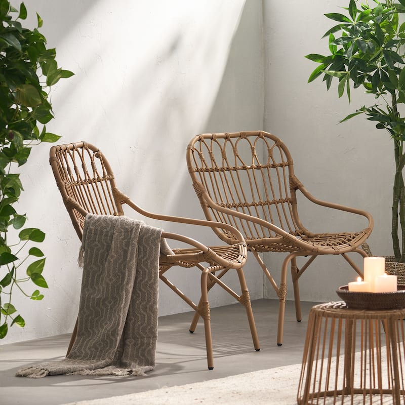 Roomfitters Outdoor Rattan Dining Chair with Armrests, Patio Accent Chair for Garden or Balcony, Light Brown