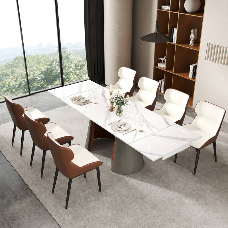 63"-94" Expandable Marble Dining Table for 6-8 Seat, Modern Rectangle Design with Extension Leaf