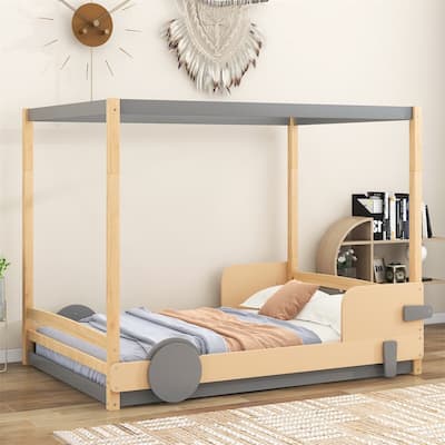 Merax Car Shaped Canopy Platform Bed with Wheels Decoraction