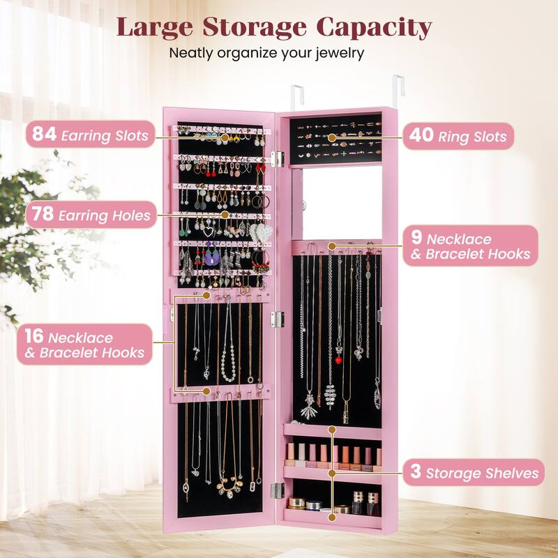 Wall Mounted or Door Hanging Jewelry Cabinet with Full Length Mirror and Inner Makeup Mirror - 12.5" x 3.7" x 43.5"