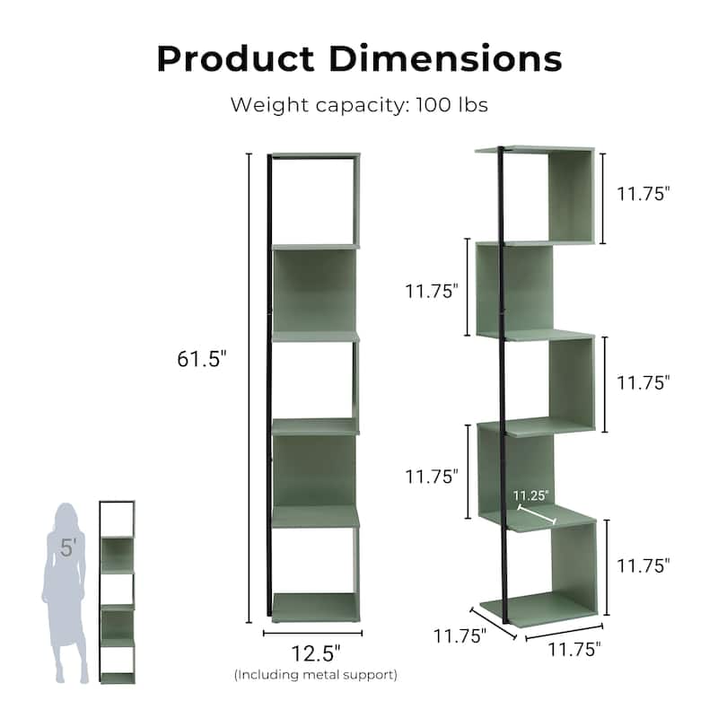 DH BASIC Modern 5 Tier Open Back Corner Bookcase, Display Bookshelf with Cylinder Metal Leg Post by Denhour