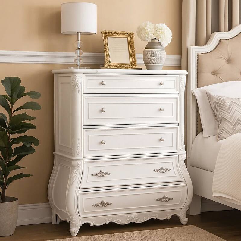 Valena Tall Dresser Chest, 5 Drawers, White Solid Wood, Metal Handles
