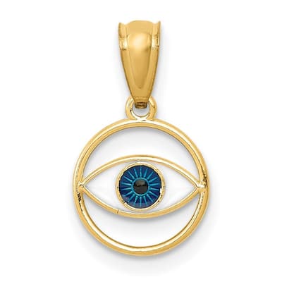 Curata 14k Yellow Gold 18" 15x9.2mm Small Polished Enameled Eye Circle Necklace