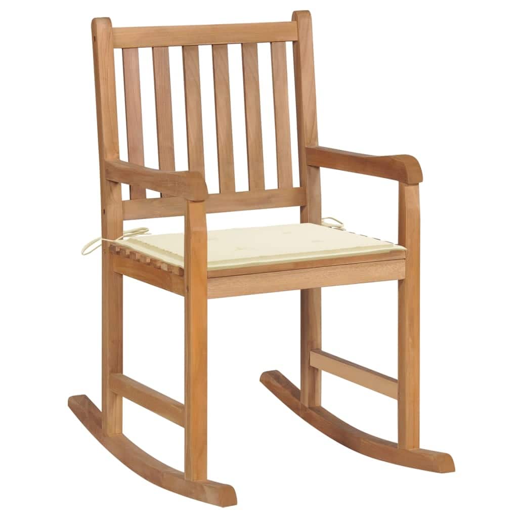 vidaXL Rocking Chair with Cream Cushion Solid Teak Wood - 22.8" x 36.4" x 41.7"