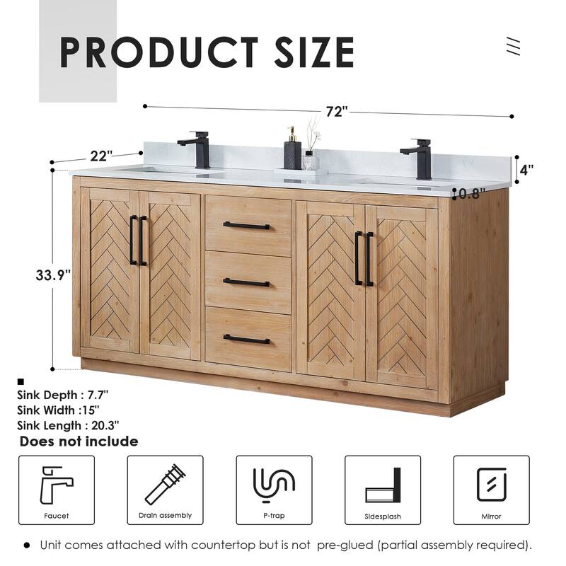 Anais 3Single Bathroom Vanity in Light Brown with Grain White Engineered Stone Countertop without Mirror