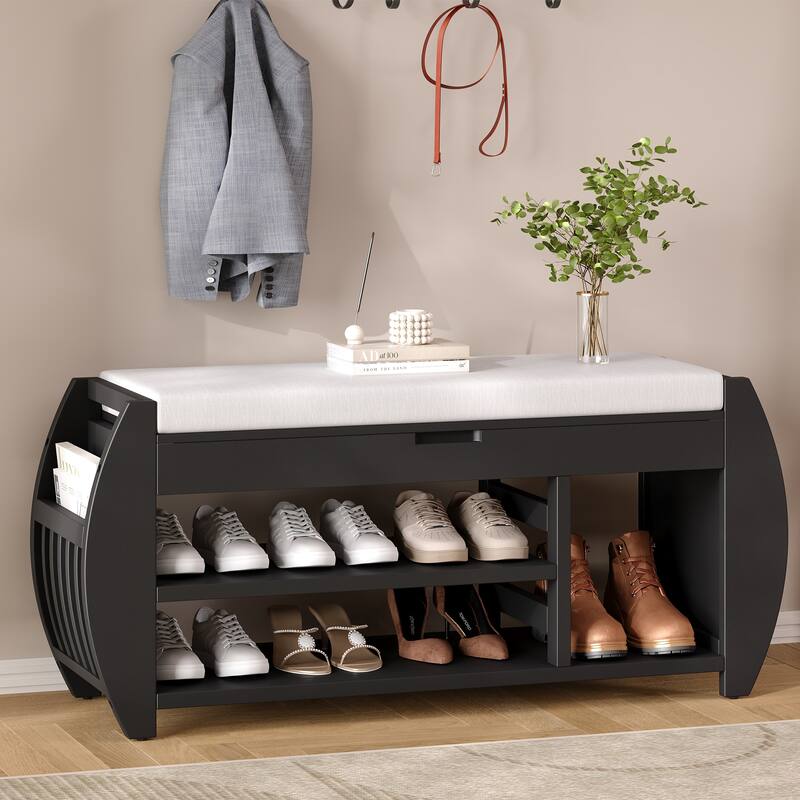 Shoe Bench 2-Tier Storage Bench with Cushion & Curved Side Holder, Wooden Panel Shoe Rack Organizer for Entryway, Living Room