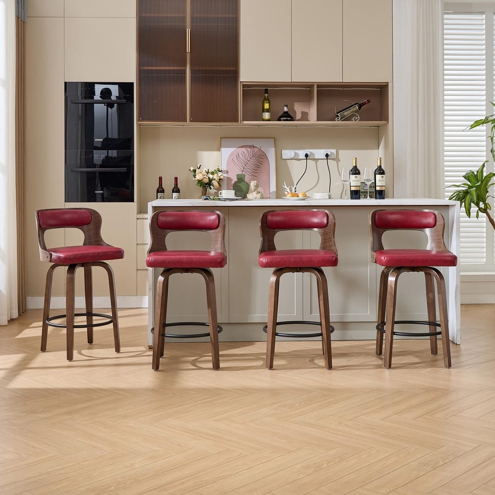 SEYNAR PU Leather 360 Degree Swivel Open Back Bar Stools Wood Legs Set of 4