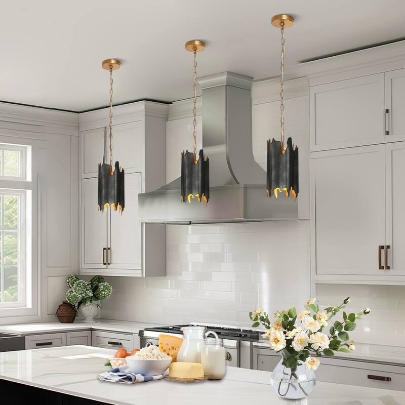 Modern 1-Light Black Gold Irregular Drum Pendant with Adjustable Chain for Kitchen Island