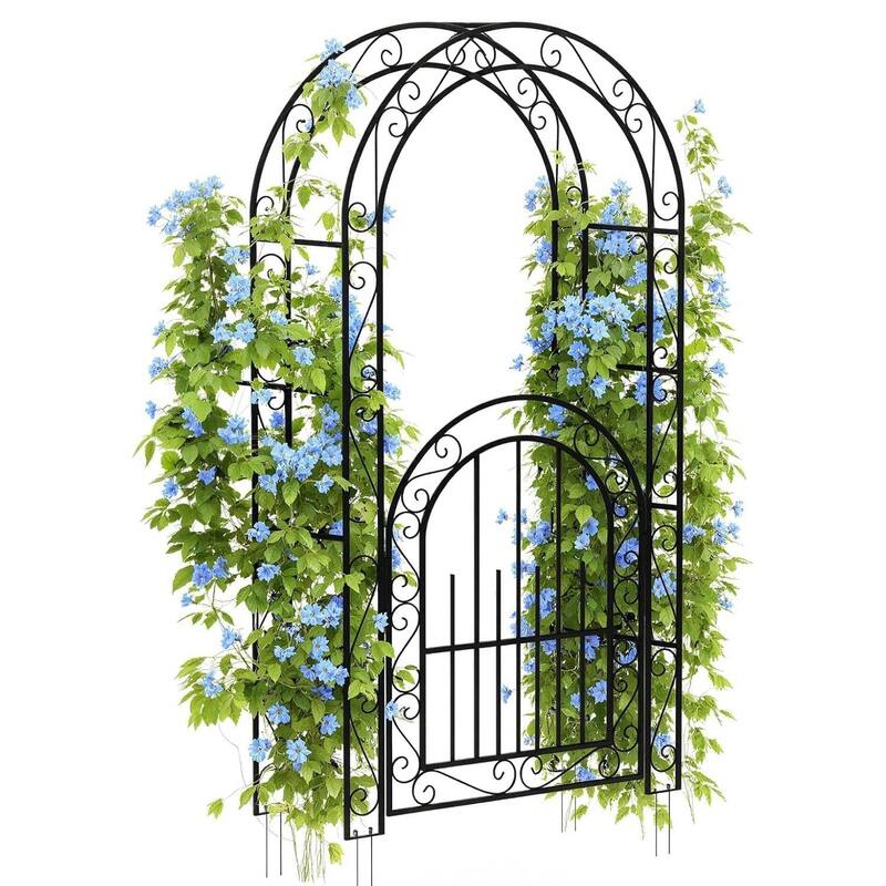 7 FT Elegant Garden Arch with Gate, Wedding Arbor for Climbing Roses & Vines