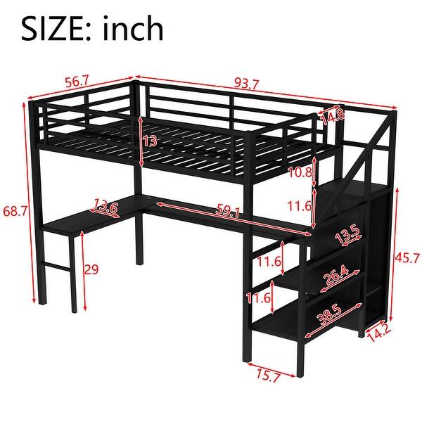 dimension image slide 3 of 7, Kids Loft Bed Metal Frame Bed with Wardrobe, L-shaped Desk and Storage Stairs, High Loft Bed with LED, USB and Adjustable Shelf