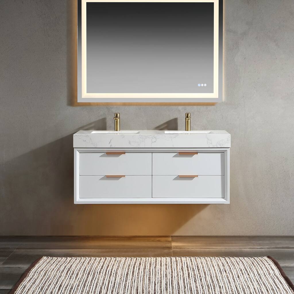 48 Inch Solid Wood Frame Wall-Mounted Bathroom Vanity Set with Double Ceramic Basin