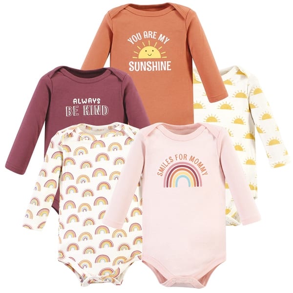 slide 1 of 1, Hudson Baby Infant Girl Cotton Long-Sleeve Bodysuits, Sunshine Rainbows 5-Pack 0-3 Months - Sunshine Rainbows 5-Pack