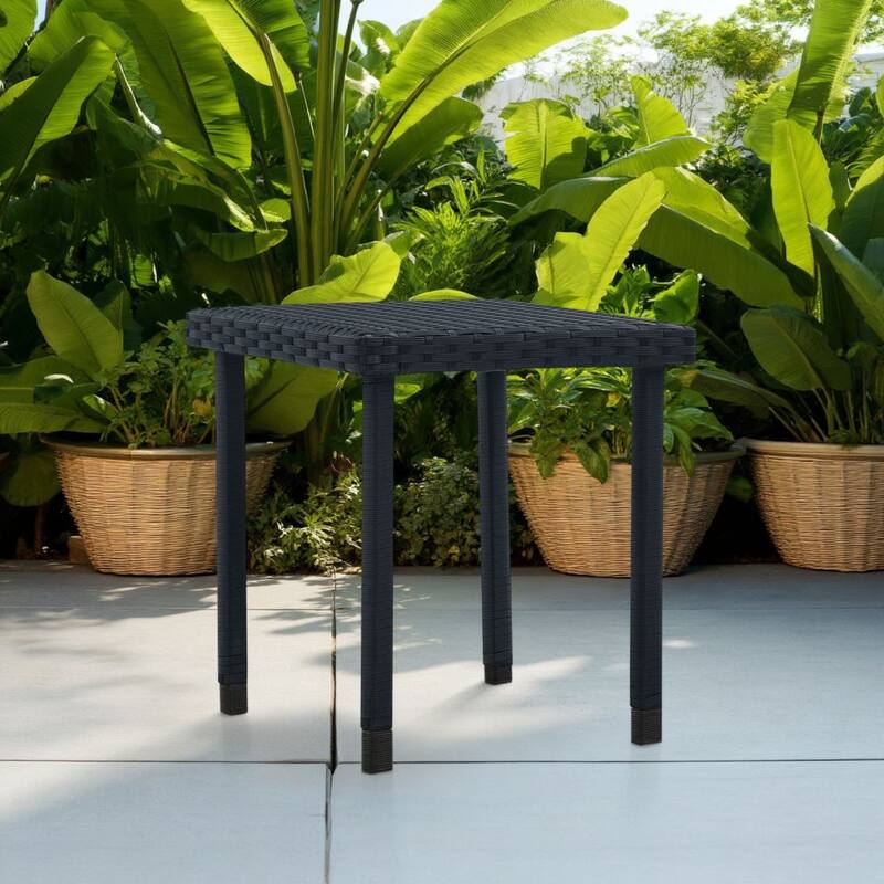 Outdoor Side End Tea Table, 16 Inch Steel, Square Black Poly Rattan - 16 Inch