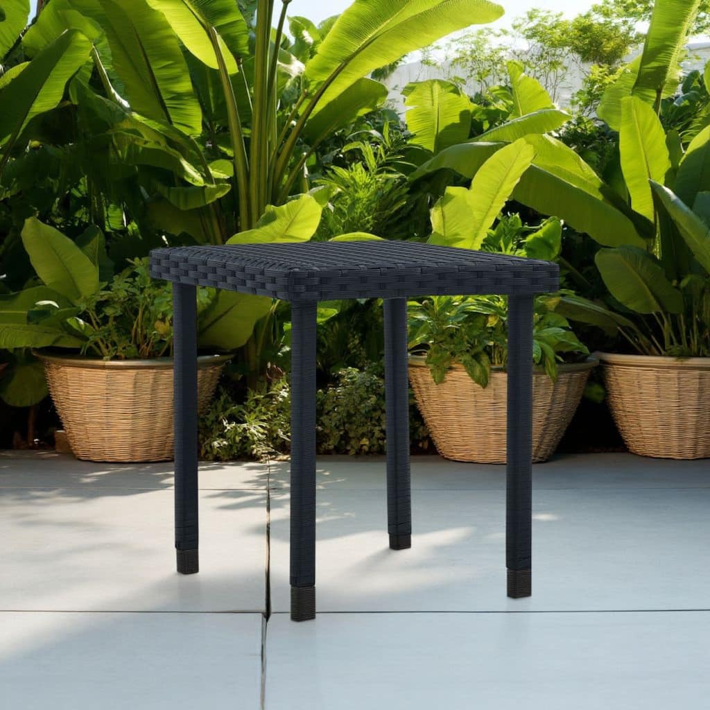 Outdoor Side End Tea Table, 16 Inch Steel, Square Black Poly Rattan - 16 Inch