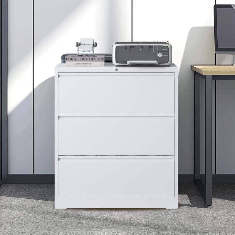 Lateral File Cabinet 3 Drawer, Filing Cabinet with Lock, Lockable File Cabinet for Home Office - White