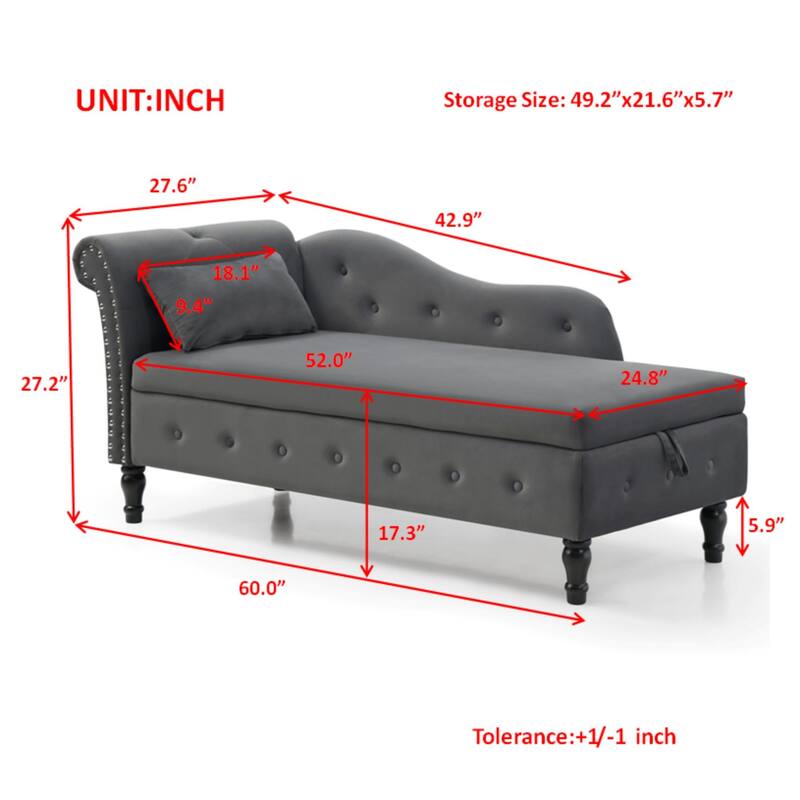 Grey Modern 60" Velvet Upholstered Buttons Tufted Chaise Lounge Chair with Solid Wood Legs and Storage