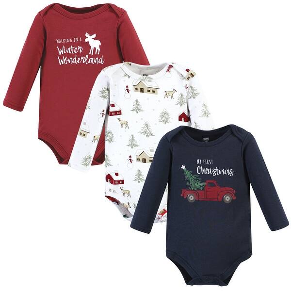 slide 1 of 1, Hudson Baby Infant Boy Cotton Long-Sleeve Bodysuits, Boy Holiday Village 0-3 Months - Boy Holiday Village