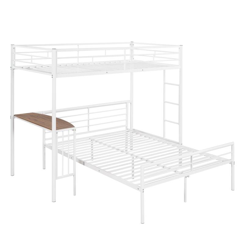 L-Shaped Metal Bunk Bed w/Built-in Desk & Ladder, Twin Over Full Size