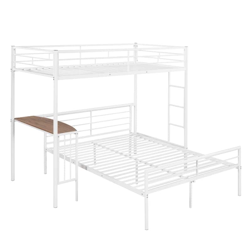 Twin Over Full Metal Bunk Bed with Desk, Ladder and Quality Slats for