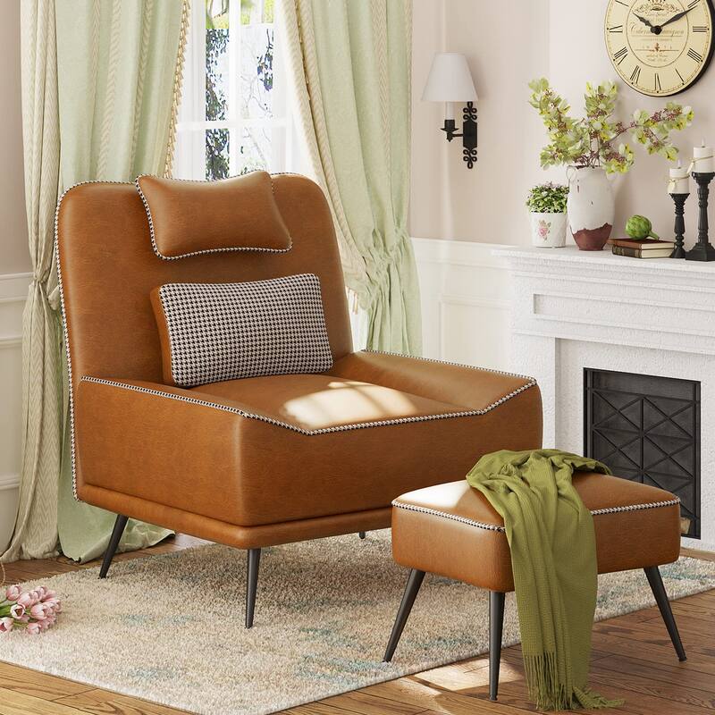 Accent Chair with Ottoman, Mid Century Modern Upholstered Faux Leather Chairs for Living Room Bedroom Lounge Chair Armless