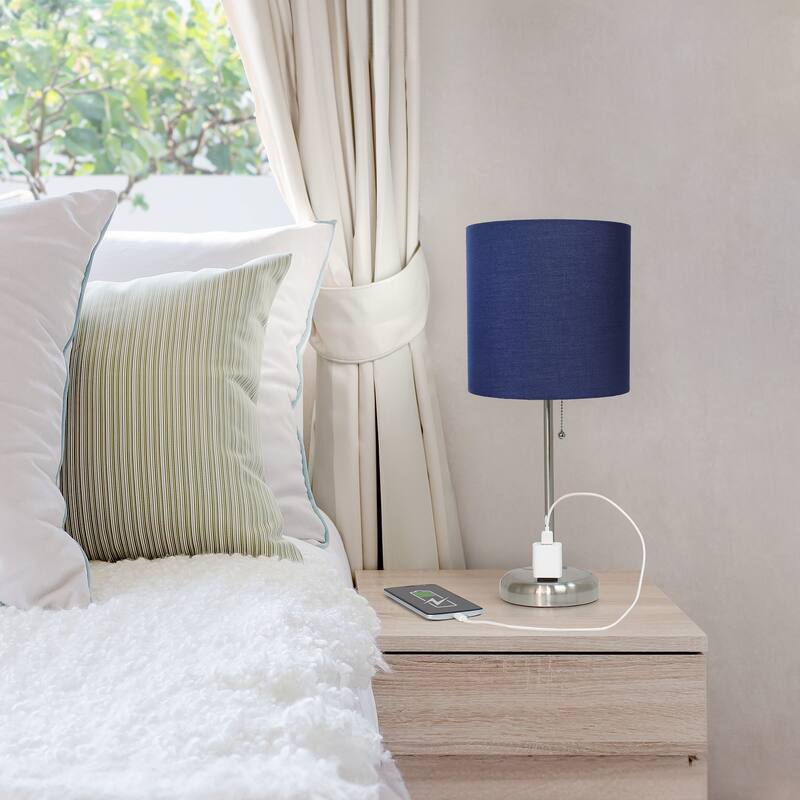 19.5 in. Brushed Steel Finish Table Lamp with Blue Shade, Sturdy Table Lamp for Living Rooms and Bedrooms