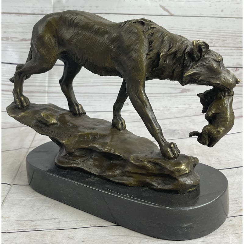 Wolf Carrying Cub Bronze Metal Statue Sculpture Marble Base 9 Inches X 11 Inches