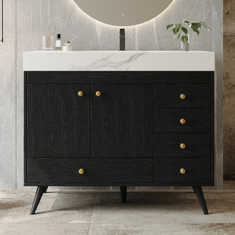 36" Bathroom Vanity with Faux Marble Top & Ceramic Sink, 5-Drawer Storage Cabinet with Stainless Steel Legs - Black+White
